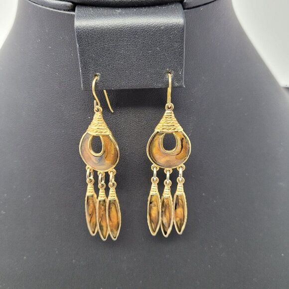 Vtg Berebi Signed Gold Brown Enamel Articulating Dangle Earrings Feather Boho - Picture 4 of 5